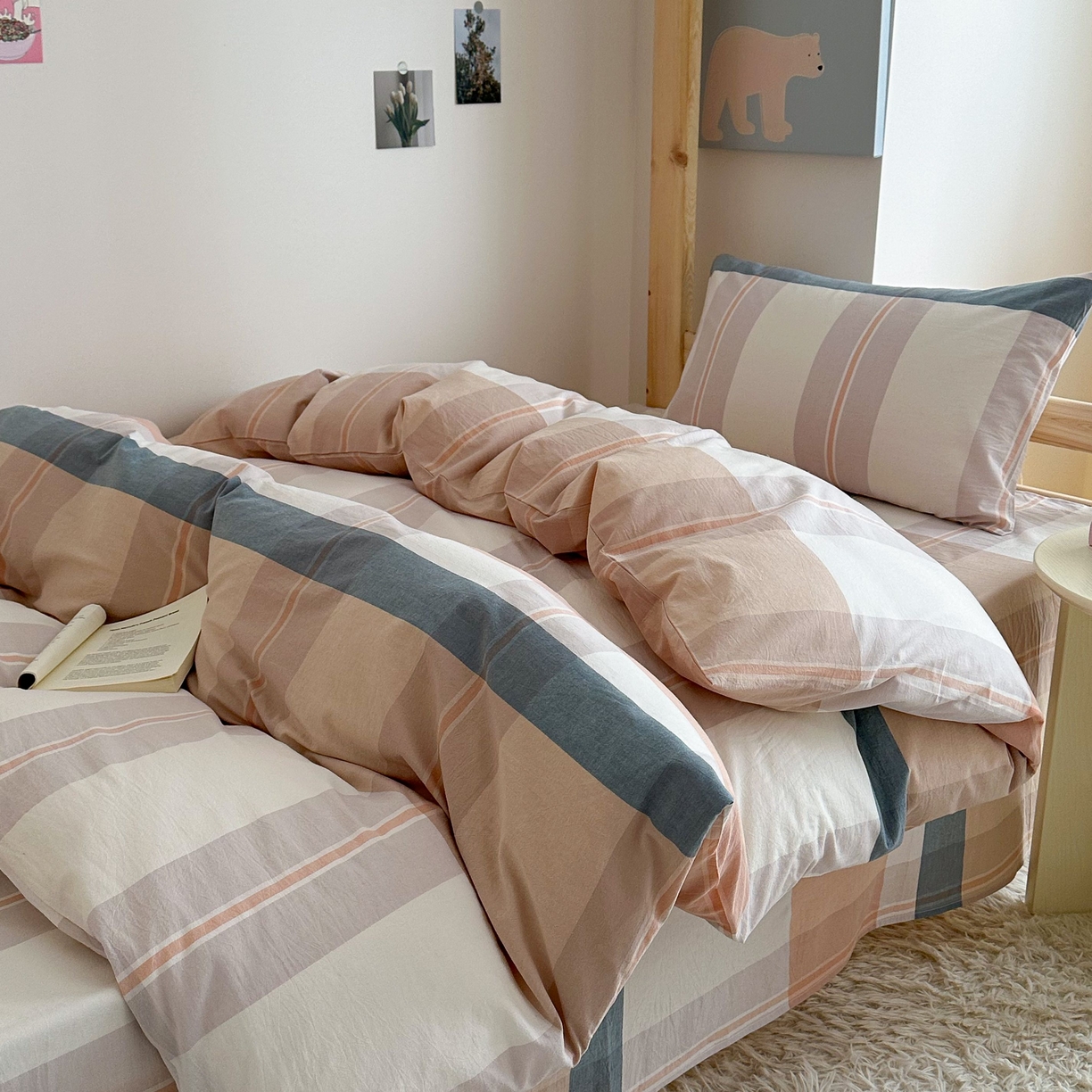 91家纺网 家纺一手货源 找家纺 拔萃 2025新款全棉纯棉色织学生上下铺套件格子纯棉宿舍三件套六件套 欧粉大格