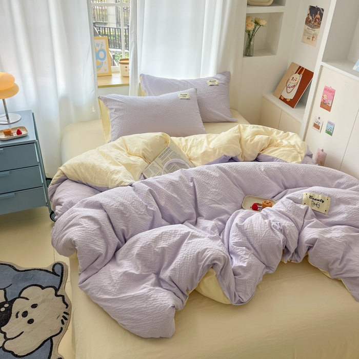 91家纺网 家纺一手货源 找家纺 桃心家居 2025新款A类韩系亲肤软糯甜格泡泡水洗棉撞色奶呼呼织标蝴蝶少女四件套 泡泡水洗棉-甜格紫黄