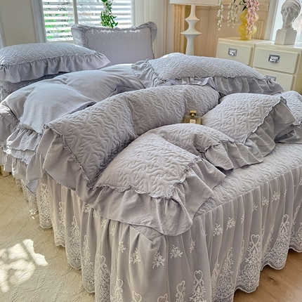 2025新款A类华夫格大豆棉床裙四件套-梦幻花园 梦幻花园-灰