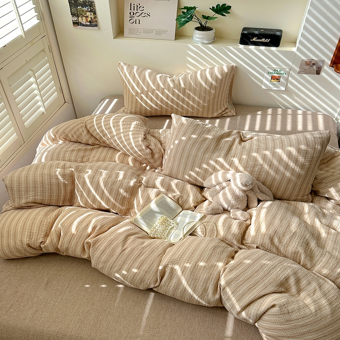 91家纺网 家纺一手货源 找家纺 田野2025新款全棉皱皱纱四件套 小半-奶茶棕