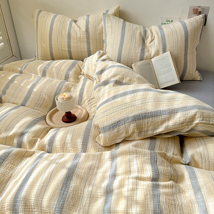 91家纺网 家纺一手货源 找家纺 田野2025新款全棉皱皱纱四件套 时予-黄灰