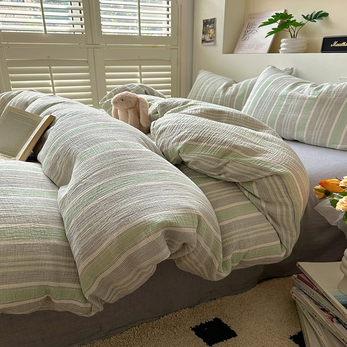 91家纺网 家纺一手货源 找家纺 田野2025新款全棉皱皱纱四件套 时予-灰绿