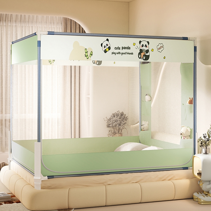 91家纺网 家纺一手货源 找家纺 青竹苑 2025新款围栏支架口袋款坐床防摔蚊帐 可爱熊猫