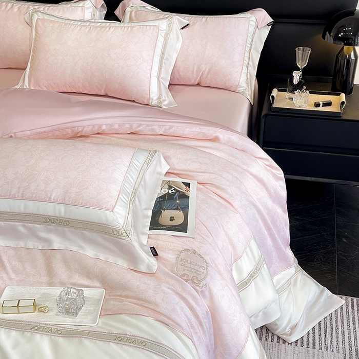 91家纺网 家纺一手货源 找家纺 高端轻奢A类母婴级兰精天丝全工艺刺绣四件套高端真丝夏季丝滑裸睡床上用品  维曼-香颂粉