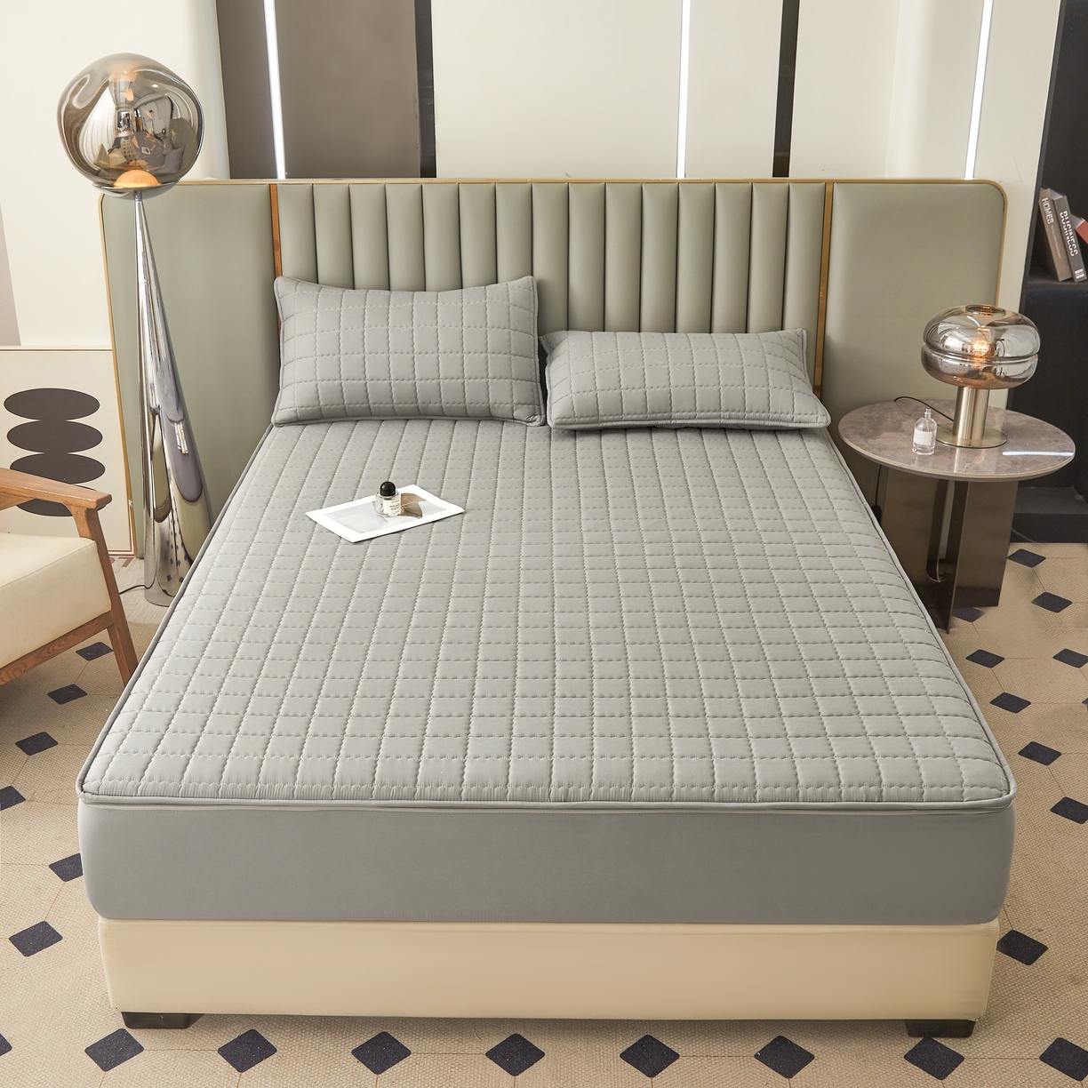 91家纺网 家纺一手货源 找家纺 欧邦 2025新款可拆卸六面全包夹棉床笠 单面夹棉-简雅灰