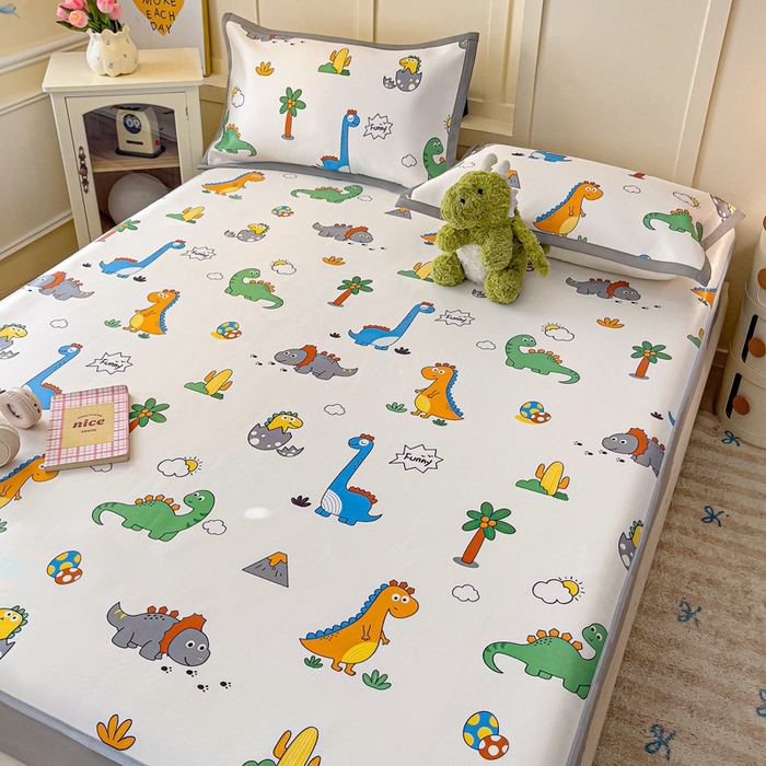 91家纺网 家纺一手货源 找家纺 富馨莱 2025新款床笠款冰藤印花凉席A类抗菌冰丝席支持定制尺寸 恐龙纪元