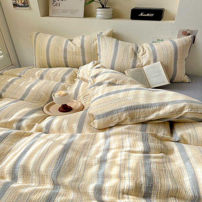 91家纺网 家纺一手货源 找家纺 田野2025新款全棉皱皱纱四件套 时予-黄灰