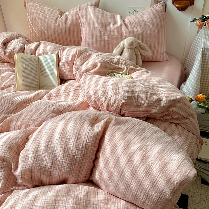 91家纺网 家纺一手货源 找家纺 田野2025新款全棉皱皱纱四件套 小半-粉米