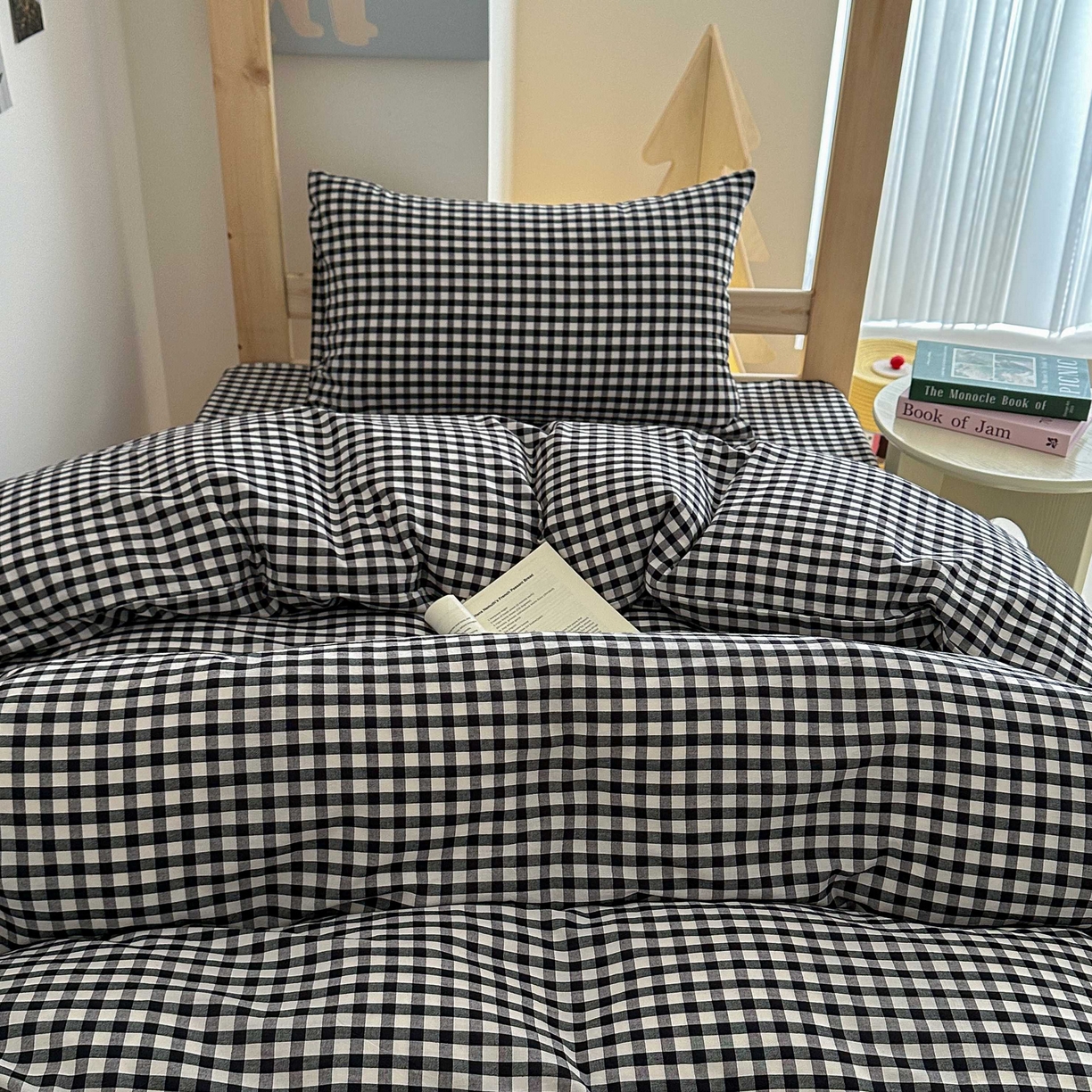 91家纺网 家纺一手货源 找家纺 拔萃 2025新款全棉纯棉色织学生上下铺套件格子纯棉宿舍三件套六件套 黑小格