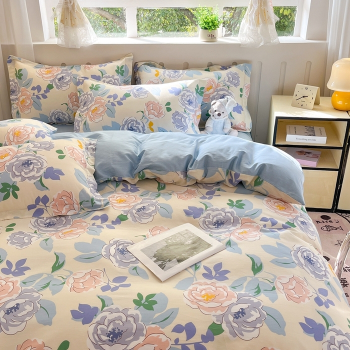 91家纺网 家纺一手货源 找家纺 大吉 2025新款100全棉纯棉喷气小清新被套四件套纯棉三件套床笠四件套单被套单枕套 山茶花开