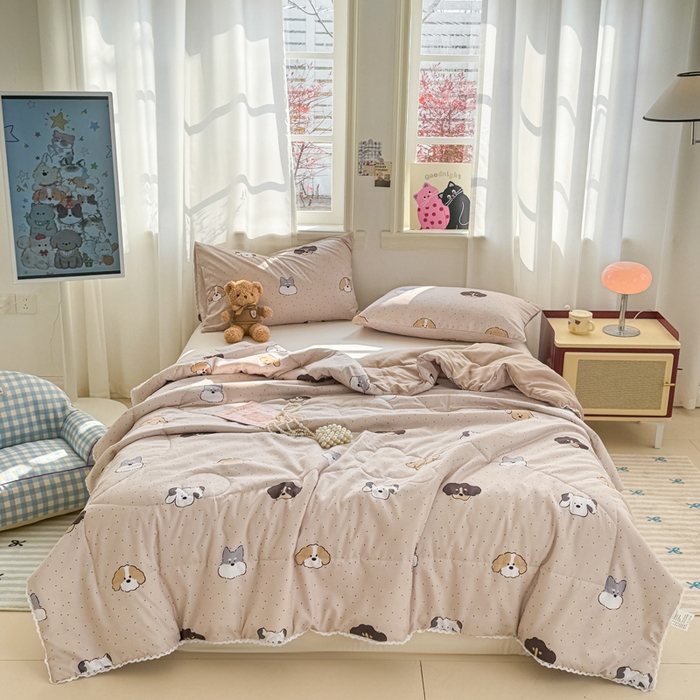 91家纺网 家纺一手货源 找家纺 慕尚家纺 2025新款水洗棉花边工艺羽丝棉卡通系列夏被 巴克狗