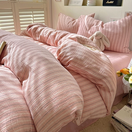 田野2025新款全棉皱皱纱四件套 小半-粉米