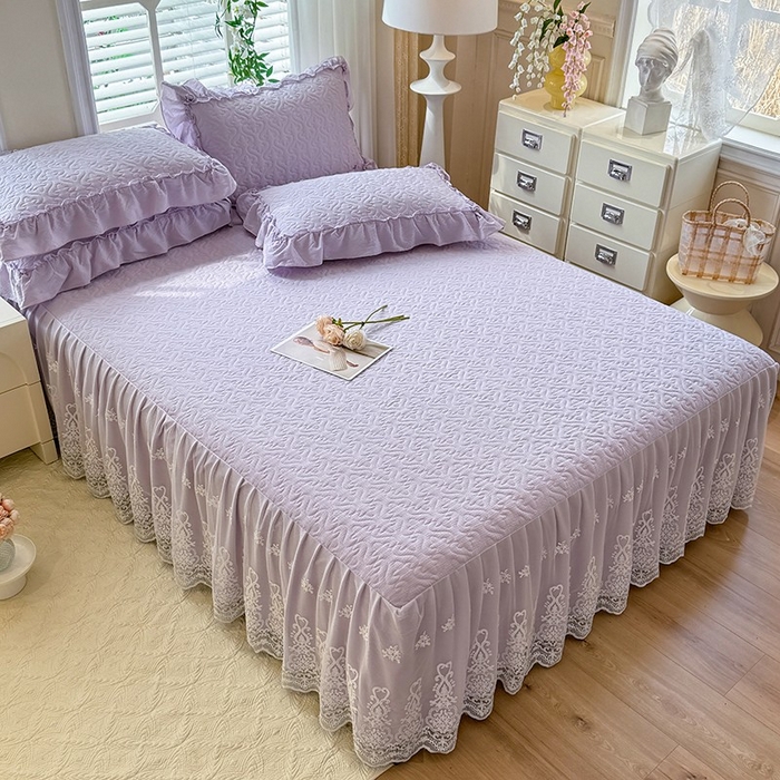 91家纺网 家纺一手货源 找家纺 2025新款A类华夫格大豆棉床裙四件套-梦幻花园 梦幻花园-紫