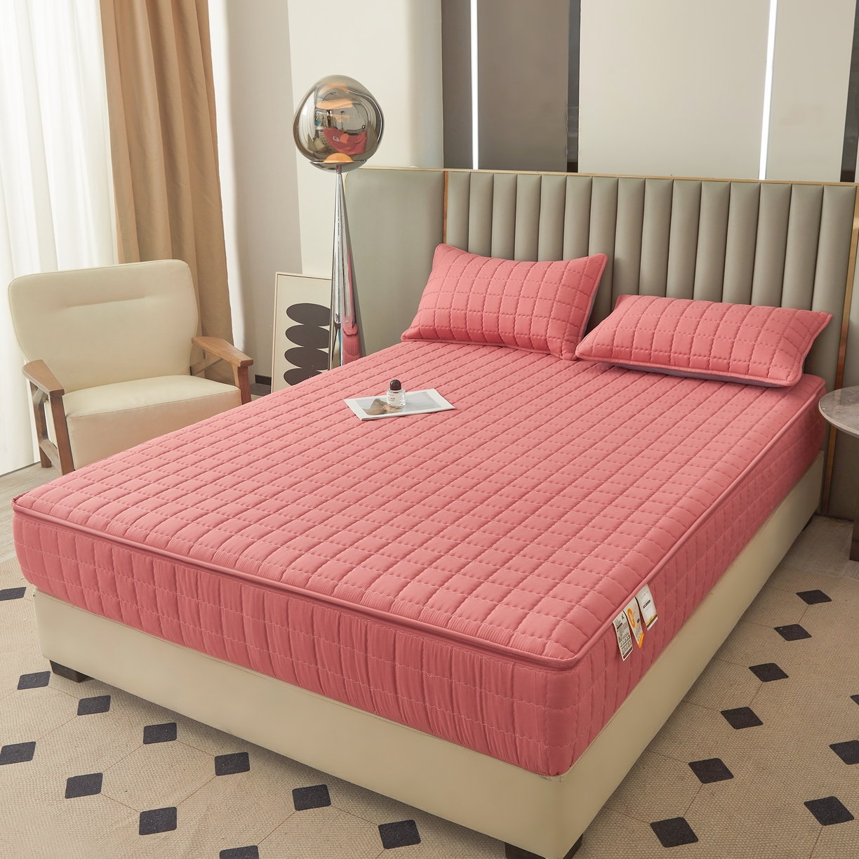 91家纺网 家纺一手货源 找家纺 欧邦 2025新款可拆卸六面全包夹棉床笠 五面夹棉-朱玉粉