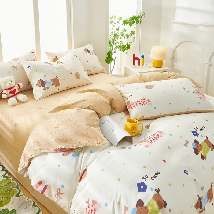 91家纺网 家纺一手货源 找家纺 黛妮雅 2025新款AB版全棉印花单被套床单枕套 腊肠狗