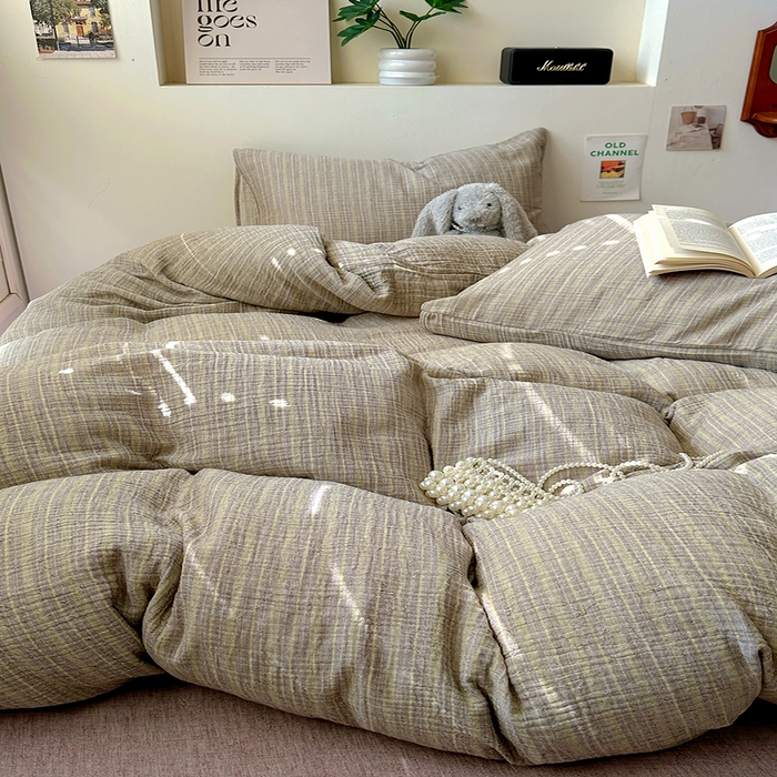 91家纺网 家纺一手货源 找家纺 田野2025新款全棉皱皱纱四件套 小半-亚麻棕