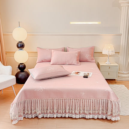 伊而梦蚊帐 2025新款A类3D凉感冰豆豆蕾丝双层床裙款凉席-蕾丝蝴蝶 蝴蝶-粉三件套