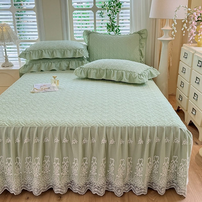 91家纺网 家纺一手货源 找家纺 2025新款A类华夫格大豆棉床裙四件套-梦幻花园 梦幻花园-绿