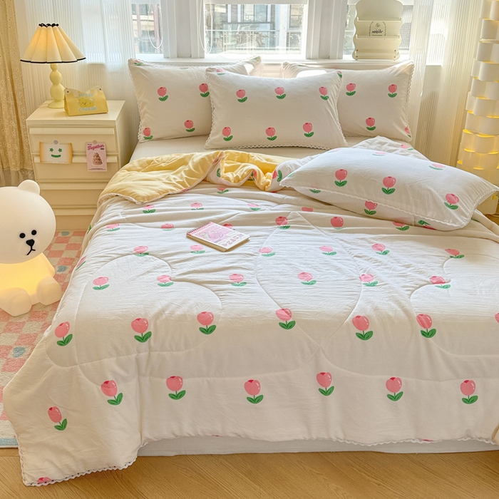 91家纺网 家纺一手货源 找家纺 慕尚家纺 2025新款水洗棉花边工艺羽丝棉卡通系列夏被 郁金香