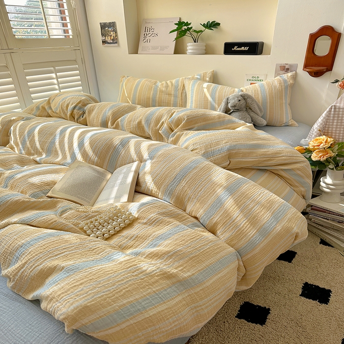 91家纺网 家纺一手货源 找家纺 田野2025新款全棉皱皱纱四件套 时予-桔兰