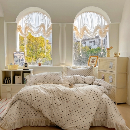 91家纺网 家纺一手货源 找家纺 昊川 2025新款60支全棉双层纱酵素高温砂洗法式床盖 波点蝴蝶结