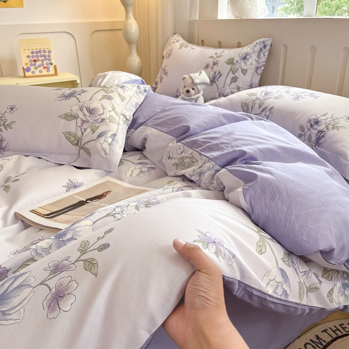 91家纺网 家纺一手货源 找家纺 大吉 2025新款100全棉纯棉喷气小清新被套四件套纯棉三件套床笠四件套单被套单枕套 紫韵