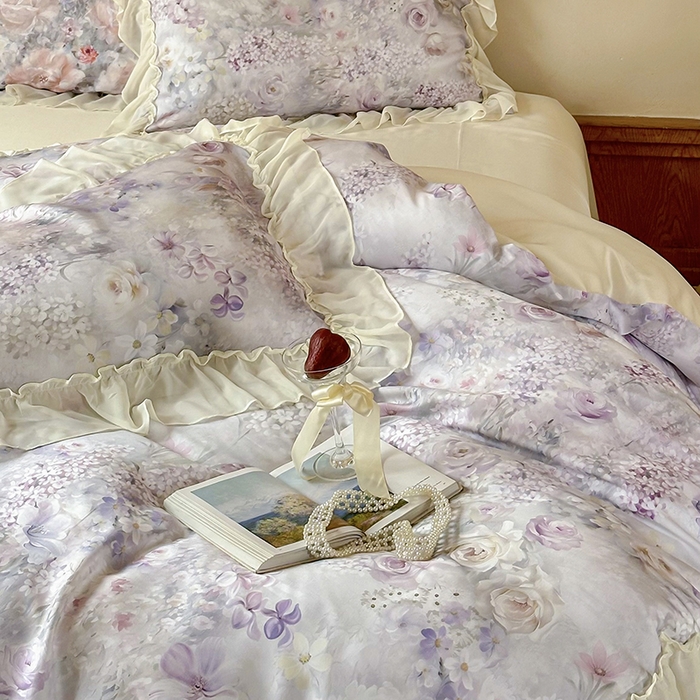 91家纺网 家纺一手货源 找家纺 沐晴家纺 2025春夏新品数码印花60兰精天丝云纱四件套 繁夏-紫