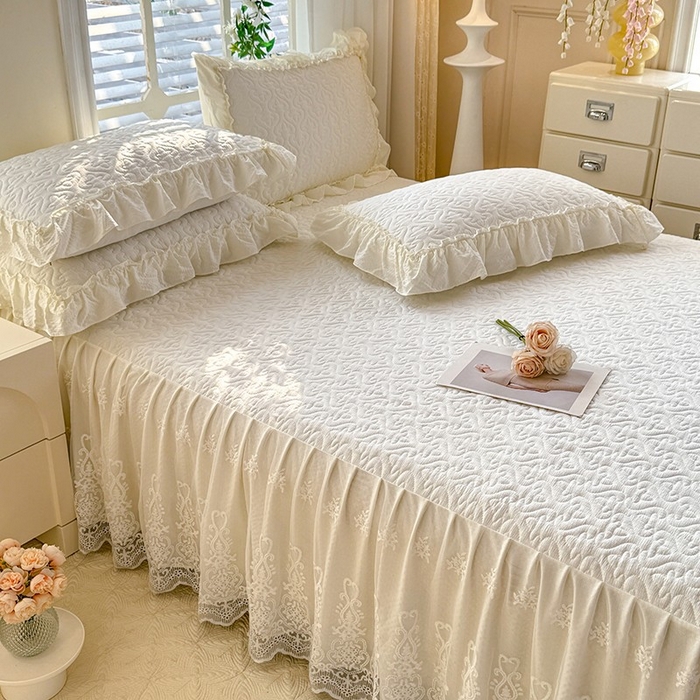 91家纺网 家纺一手货源 找家纺 2025新款A类华夫格大豆棉床裙四件套-梦幻花园 梦幻花园-米