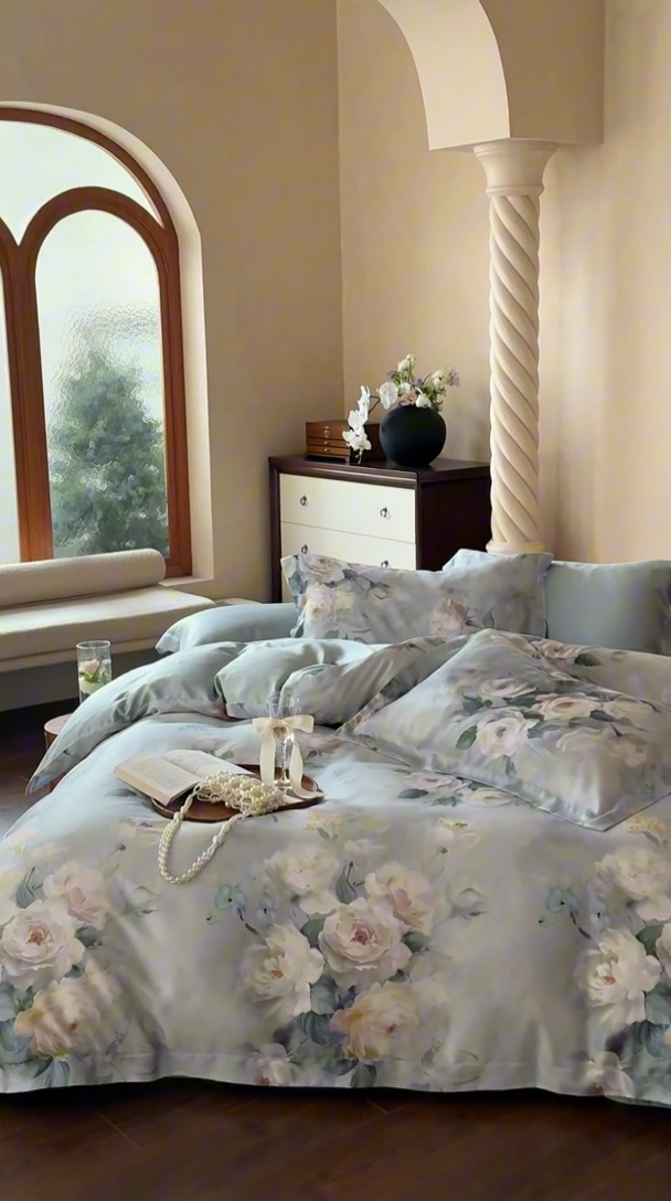 91家纺网 家纺一手货源 找家纺 2025春夏新品数码印花60兰精天丝宽边工艺款四件套 倾城-灰