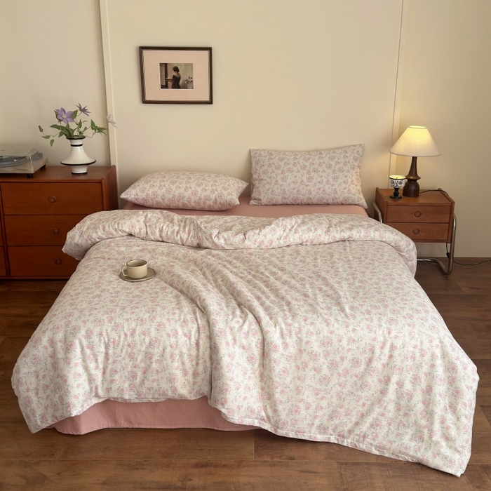 91家纺网 家纺一手货源 找家纺 曲之慕2025新款A类母婴级有氧全棉纯棉双层纱印花四件套 梅林春晓-米