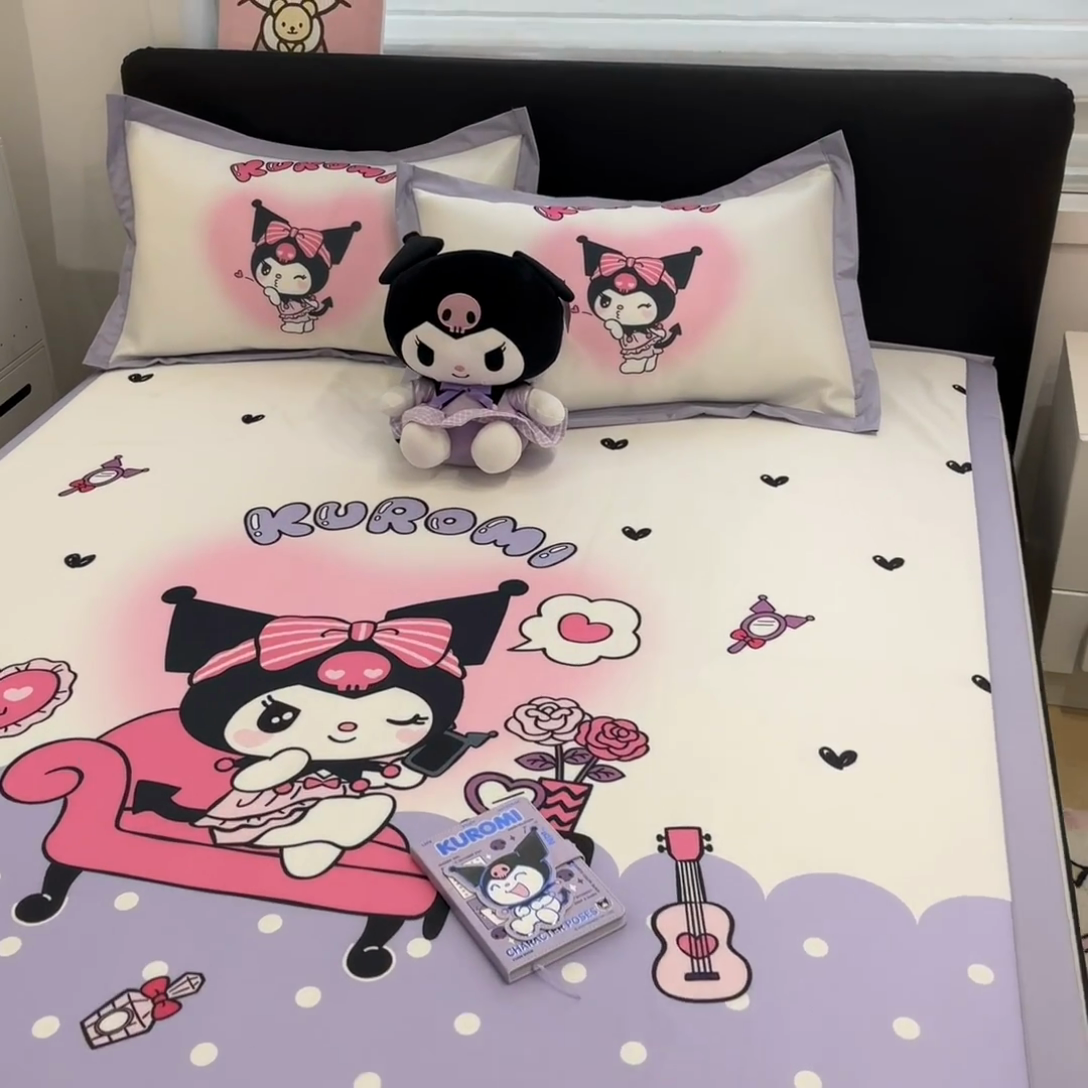 91家纺网 家纺一手货源 找家纺 2025新款正版授权A类大版数码印花三丽鸥可机洗1200D冰丝凉席席子凉席可组合针织棉夏被四件套-平铺款 平铺款-美妆库洛米