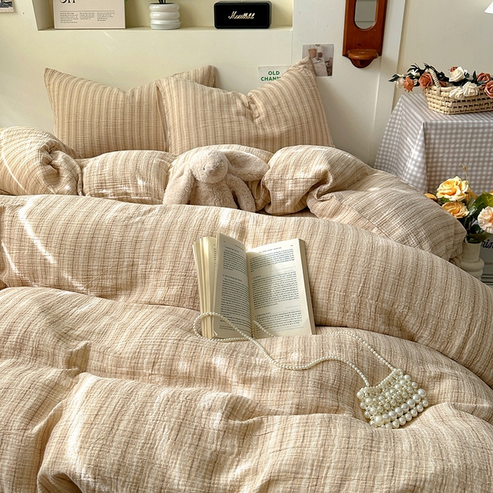 91家纺网 家纺一手货源 找家纺 田野2025新款全棉皱皱纱四件套 小半-奶茶棕