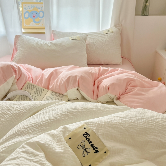 91家纺网 家纺一手货源 找家纺 （总）桃心家居 2025新款A类韩系亲肤软糯甜格泡泡水洗棉撞色奶呼呼织标蝴蝶少女四件套