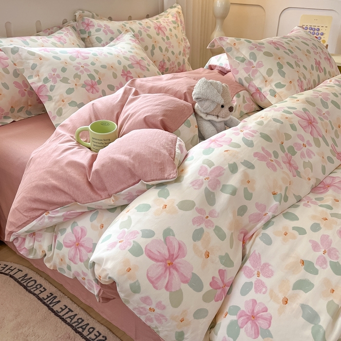 91家纺网 家纺一手货源 找家纺 大吉 2025新款100全棉纯棉喷气小清新被套四件套纯棉三件套床笠四件套单被套单枕套 甜梦