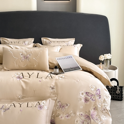 91家纺网 家纺一手货源 找家纺 2025新款纯棉绣花四件套-蝶语（控价劵后218（严格按控价来） 香槟