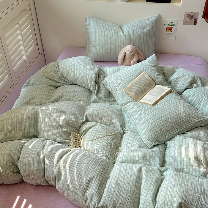 91家纺网 家纺一手货源 找家纺 田野2025新款全棉皱皱纱四件套 小半-绿紫