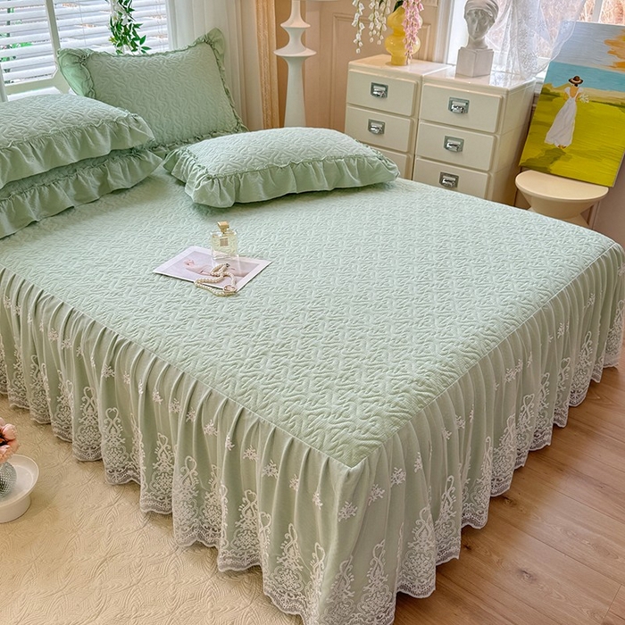 91家纺网 家纺一手货源 找家纺 2025新款A类华夫格大豆棉床裙四件套-梦幻花园 梦幻花园-绿