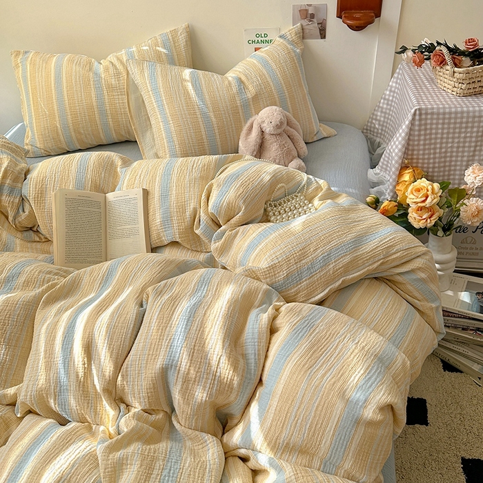 91家纺网 家纺一手货源 找家纺 田野2025新款全棉皱皱纱四件套 时予-桔兰