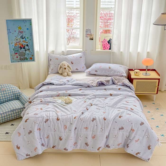 91家纺网 家纺一手货源 找家纺 慕尚家纺 2025新款水洗棉花边工艺羽丝棉卡通系列夏被 中国白兔