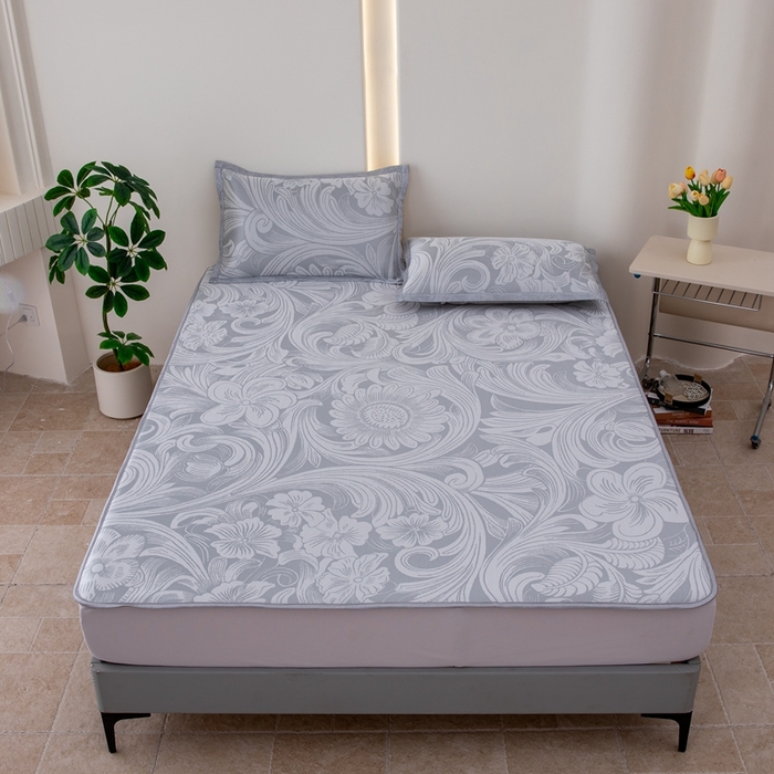 91家纺网 家纺一手货源 找家纺 凌云家纺  2025新款提花凉感冰丝席床笠款三明治凉席三件套 洛克-灰