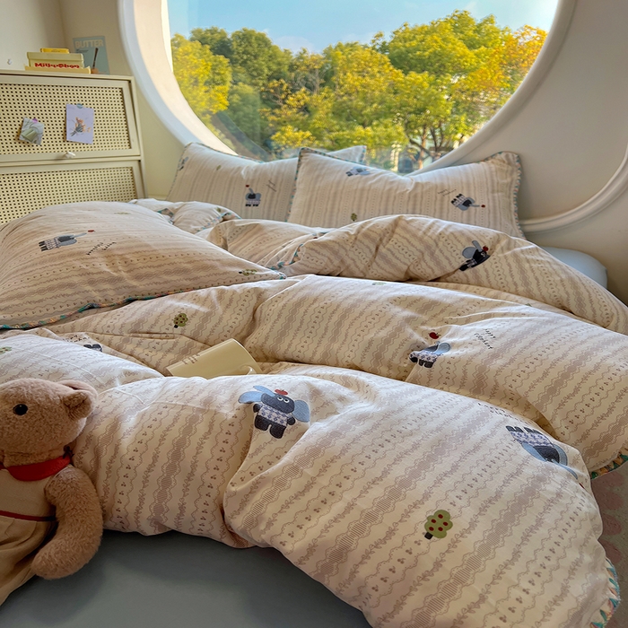 91家纺网 家纺一手货源 找家纺 葡萄家 2025爆款高克重彩色三角针A类针织双层纱四件套 提供买家秀 北鼻象