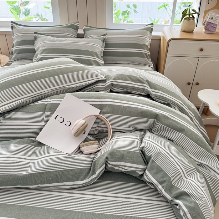 91家纺网 家纺一手货源 找家纺 首爱家纺 2025新款色织老粗布四件套全棉四件套纯棉四件套 绿条