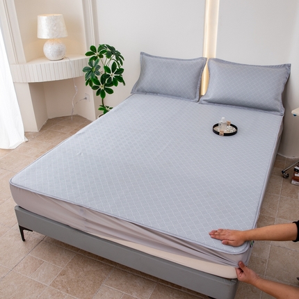 凌云家纺  2025新款提花凉感冰丝席床笠款三明治凉席三件套 菱格-灰