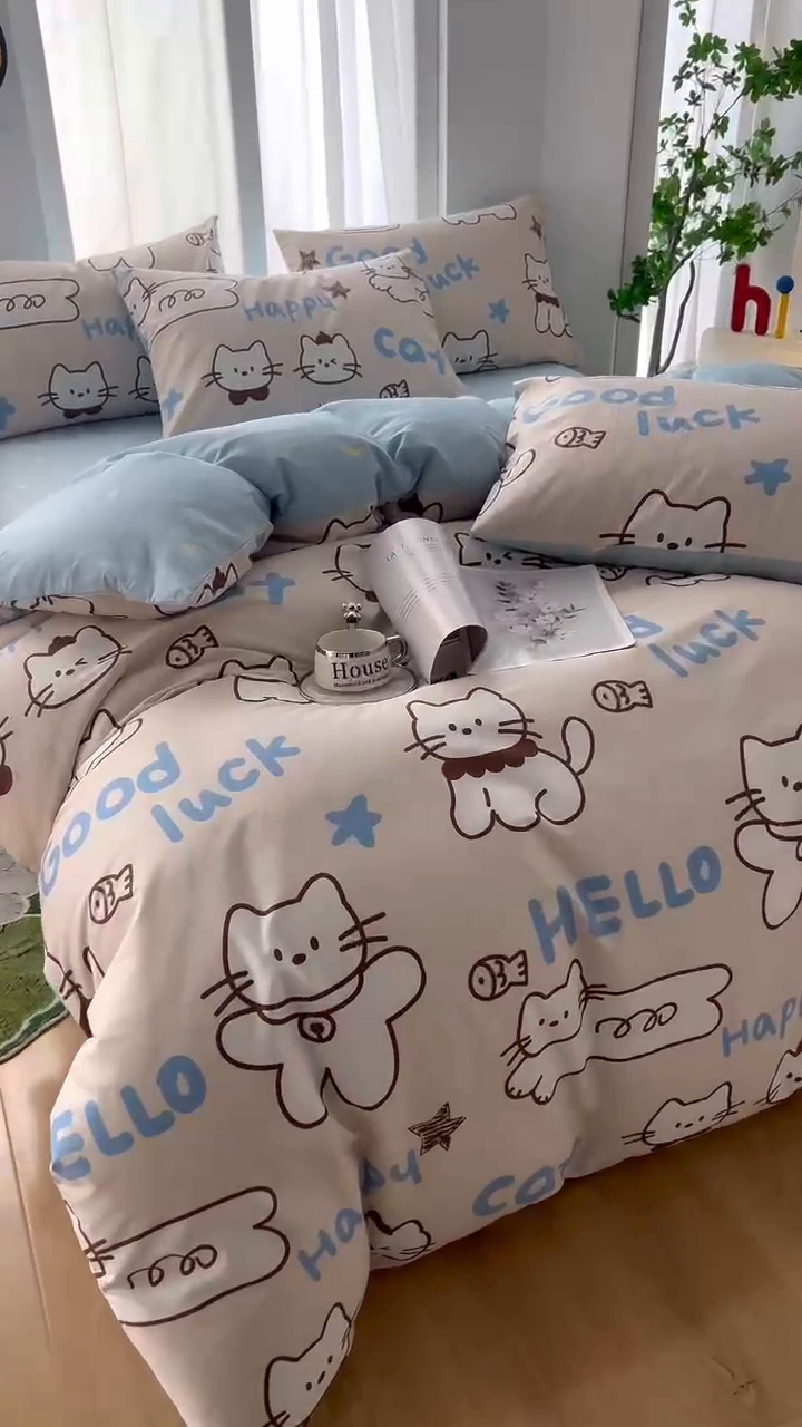 91家纺网 家纺一手货源 找家纺 黛妮雅 2025新款AB版全棉印花单被套床单枕套 幸运猫咪