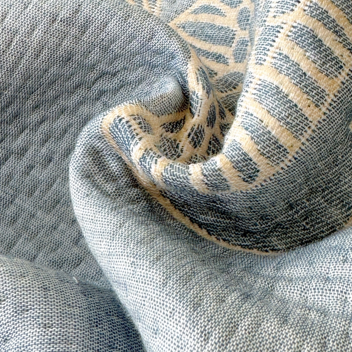 91家纺网 家纺一手货源 找家纺 2025新款A类纯棉针织三层纱提花多功能毯 蓝色-小鱼