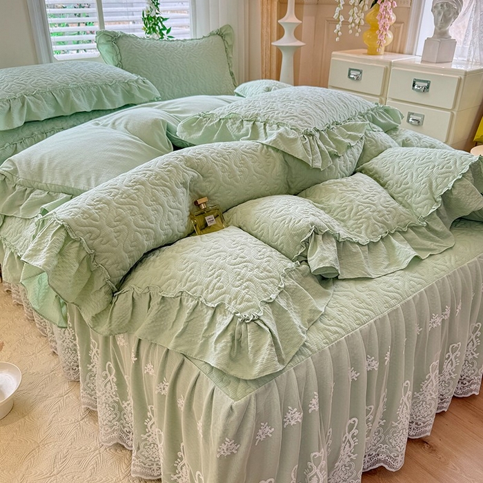 91家纺网 家纺一手货源 找家纺 2025新款A类华夫格大豆棉床裙四件套-梦幻花园 梦幻花园-绿