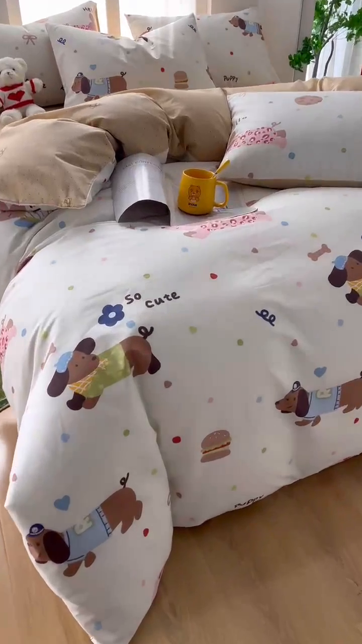 91家纺网 家纺一手货源 找家纺 黛妮雅 2025新款AB版全棉印花单被套床单枕套 腊肠狗