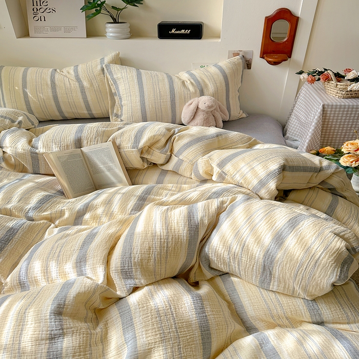 91家纺网 家纺一手货源 找家纺 田野2025新款全棉皱皱纱四件套 时予-黄灰