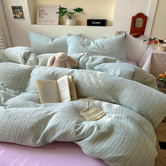 91家纺网 家纺一手货源 找家纺 田野2025新款全棉皱皱纱四件套 小半-绿紫