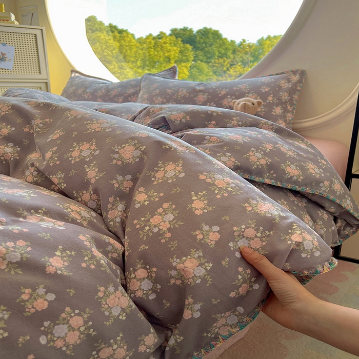 91家纺网 家纺一手货源 找家纺 葡萄家 2025爆款高克重彩色三角针A类针织双层纱四件套 提供买家秀 茉福灰